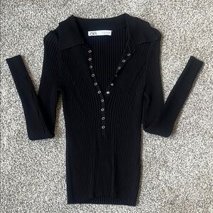Zara Black Ribbed Button-Up Top